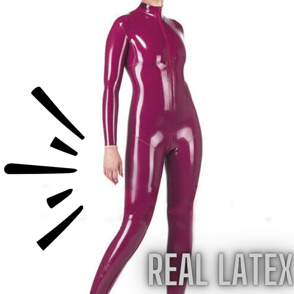Burgundy Red Latex Front Zipper Catsuit - Medium